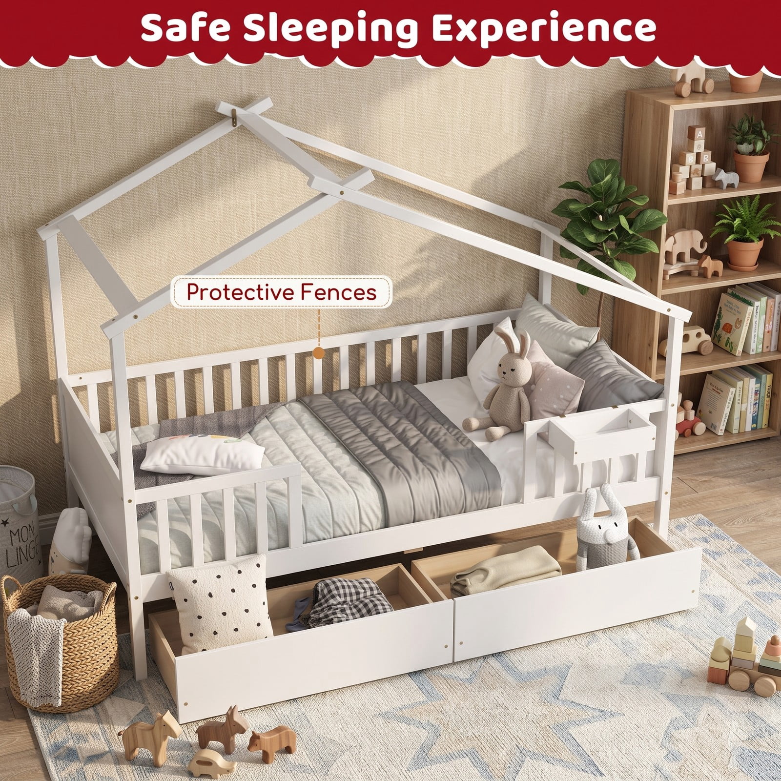 Furnibear Twin House Bed Frame with 2 Storage Drawers, Montessori Floor Bed with Roof Frame and Fence Rails for Kids Room, White