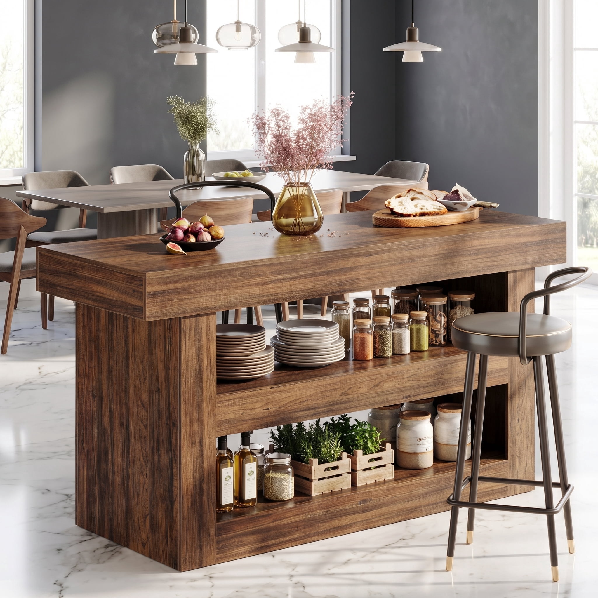 Fnova 55" 3-Tier Kitchen Island with Storage, Farmhouse Island Table with Large Countertop, Wooden Bar Table Storage for Kitchen, Dining Room, Brown
