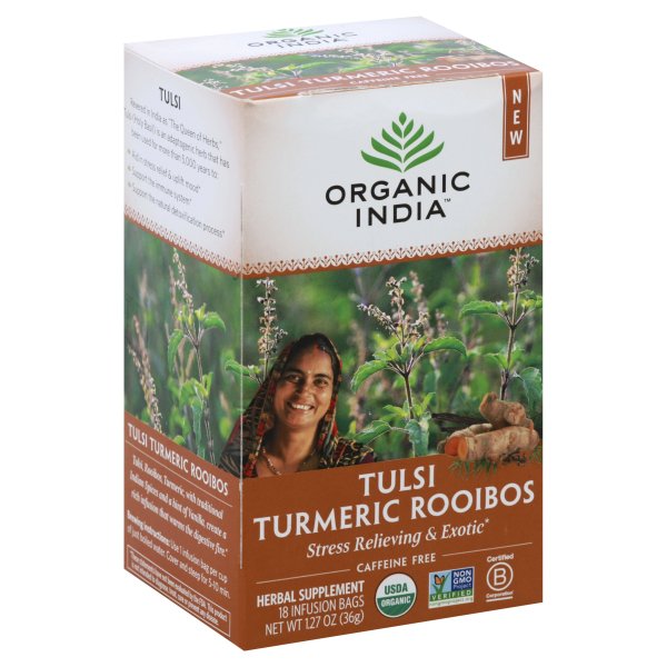 Organic India Tulsi Infusion Stress Relieving & Exotic Turmeric Rooibos 18 Tea Bags