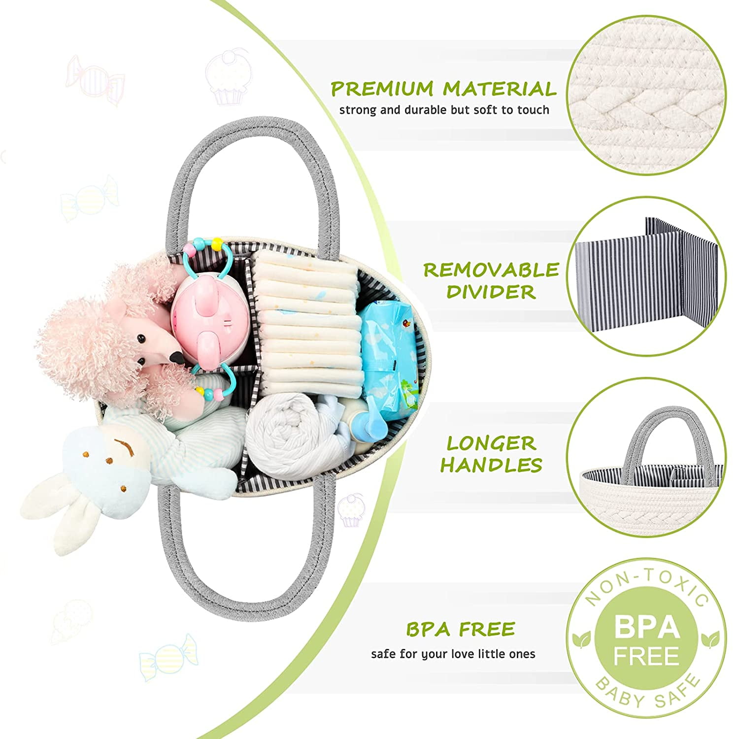 luxury little Diaper Caddy Organizer, Large Cotton Rope Nursery Basket,  Changing Table Baby Diaper Storage Portable Car Organizer with Removable