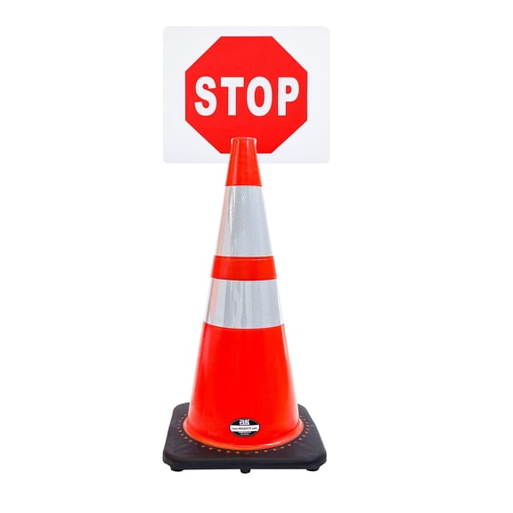RK-Safety 28" Orange Cone, Black base With Two Reflective Tape, Plus Cone Sign 20 "STOP", (Cone-2 ea Cone Sign-2 ea)