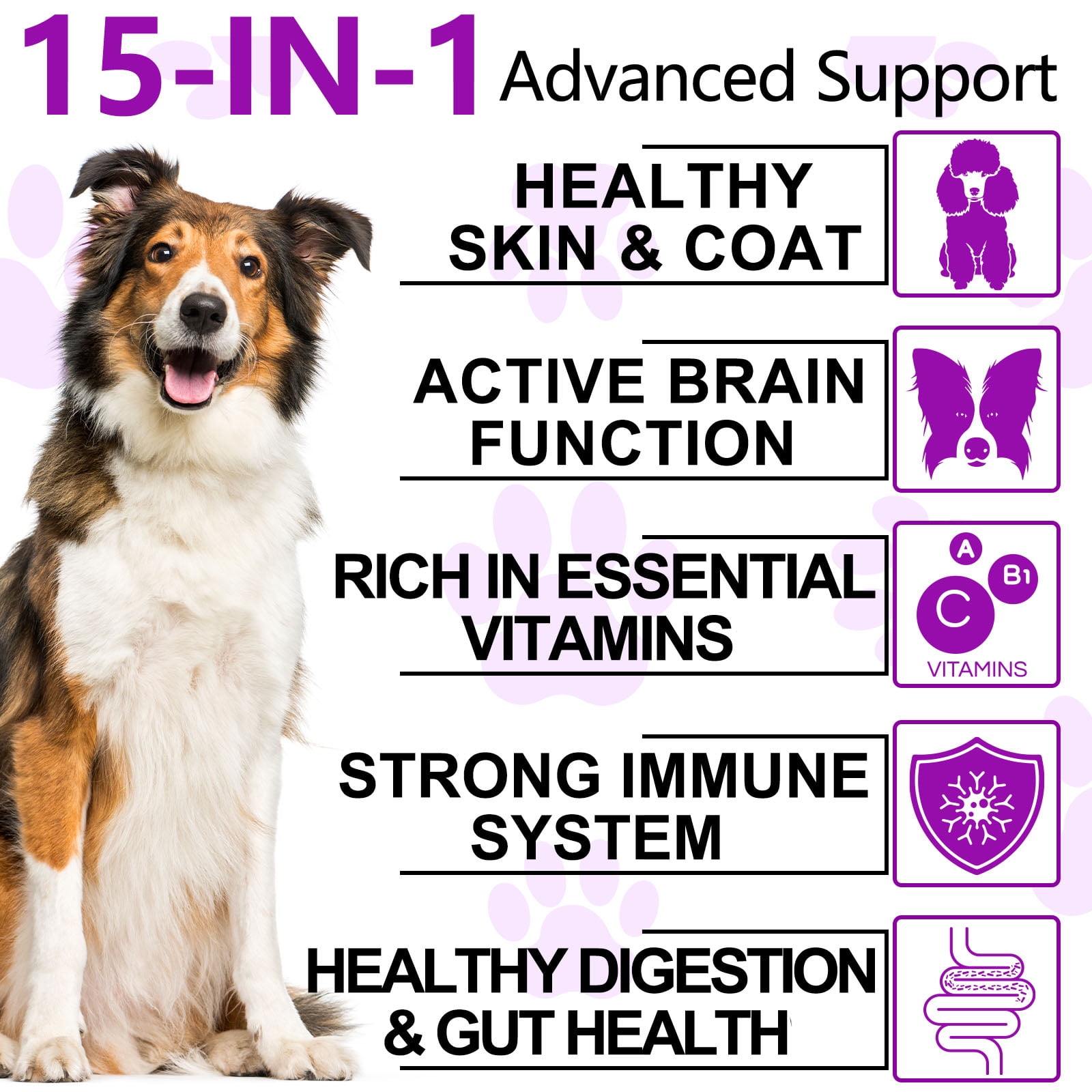 15-in-1 Dog Multivitamin Chews with Glucosamine & Probiotics,Daily Dog Health and Wellness Support, For Skin-Immunity-Gut Digestion-Joint-Heart,300 Counts,Duck Flavor