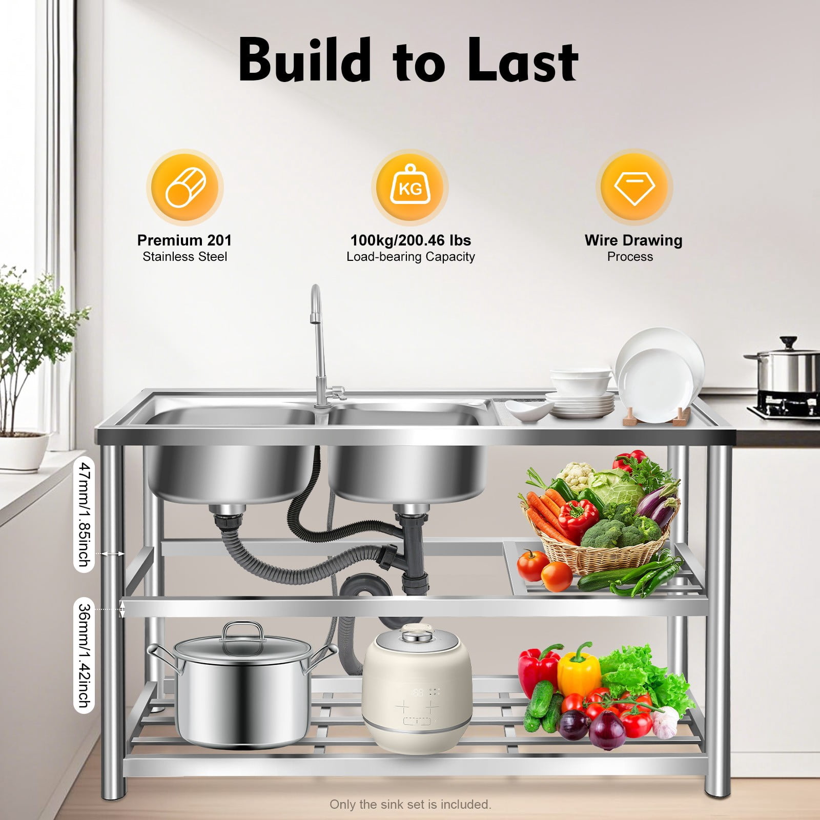 DUYIWAA Stainless Steel Sink Double-basin Commercial Kitchen Utility Sink with Faucet, Drainboard & Prep Table