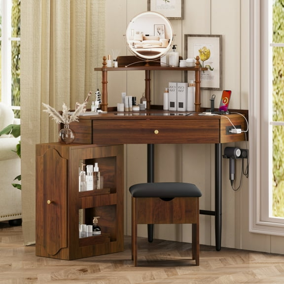 Corner Makeup Vanity Desk Set (Cushioned Stool   Charging Station) - Triangle Glass Tabletop, Removable Side Cabinet, Drawer & Shelf,Walnut
