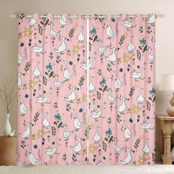 Homewish White Cute Duck Black Out Curtains,Rustic Farmhouse Cabin Curtains Pack of 2 (42x63 Each),Retro Country Floral Bedroom Curtains For Girsl Kids,Ultra Soft Home Decor