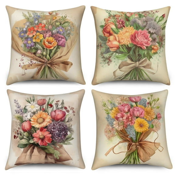 4 Pcs Vintage Bouquet Pillow Covers Square Pillow Cushion Cases 18x18 inches, Watercolor Floral Pillowcases for Sofa and Living Room