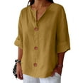 thumbnail image 4 of Yellow Tshirts for Women Linen Shirts for Women Summer Cotton Linen V Neck 3/4 Sleeve Tops Loose Vacation Beach Solid Blouses Tunic Tops Summer Tops, 4 of 6