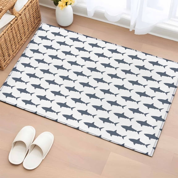 2x3 Ft Entryway Area Rug, Blue Grey Sharks Kitchen Rug Runner Washable Floor Mat, Modern Coastal Ocean Animals Non Slip Indoor Door Mat Throw Carpet for Bathroom Living Room Bedroom