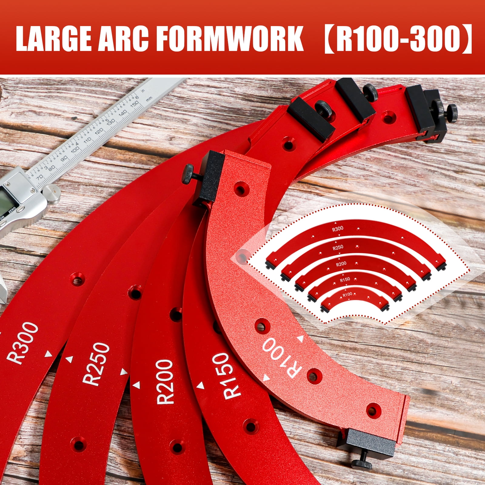 TMWEFUSC 5Pcs Round Corner Radius Template Aluminum Alloy Radius Jig Router Template Arc Angle Positioning Auxiliary Tool Portable Corner Radius Positioning Jig R100/R150/R200/R250/R300
