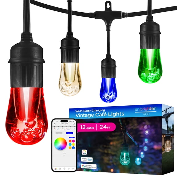 Enbrighten Vintage Smart Cafe String Lights, Color Changing Patio Lights, 24ft, 12 Bulbs, Weatherproof, Shatterproof Acrylic Bulbs, Linkable up to 750ft, Works with Alexa & Google Home