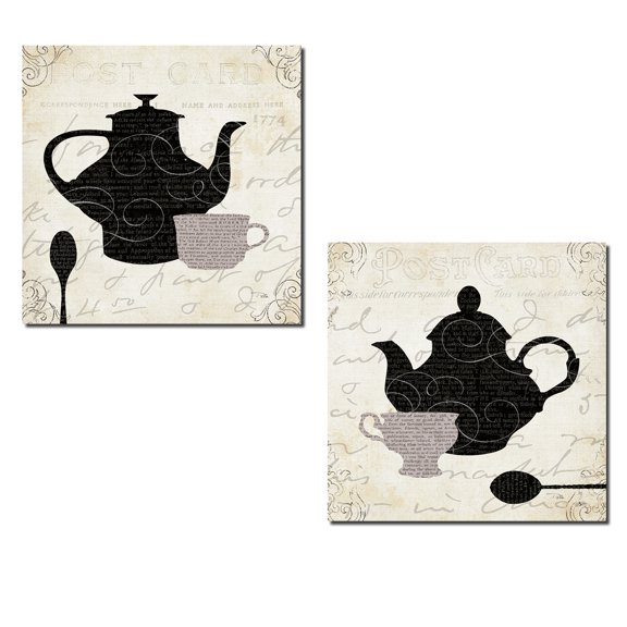 Vintage-Style Silhouette Tea Pot, Cup and Spoon Poster Set by Pela; Two 12X12in Paper Posters. Black/Cream