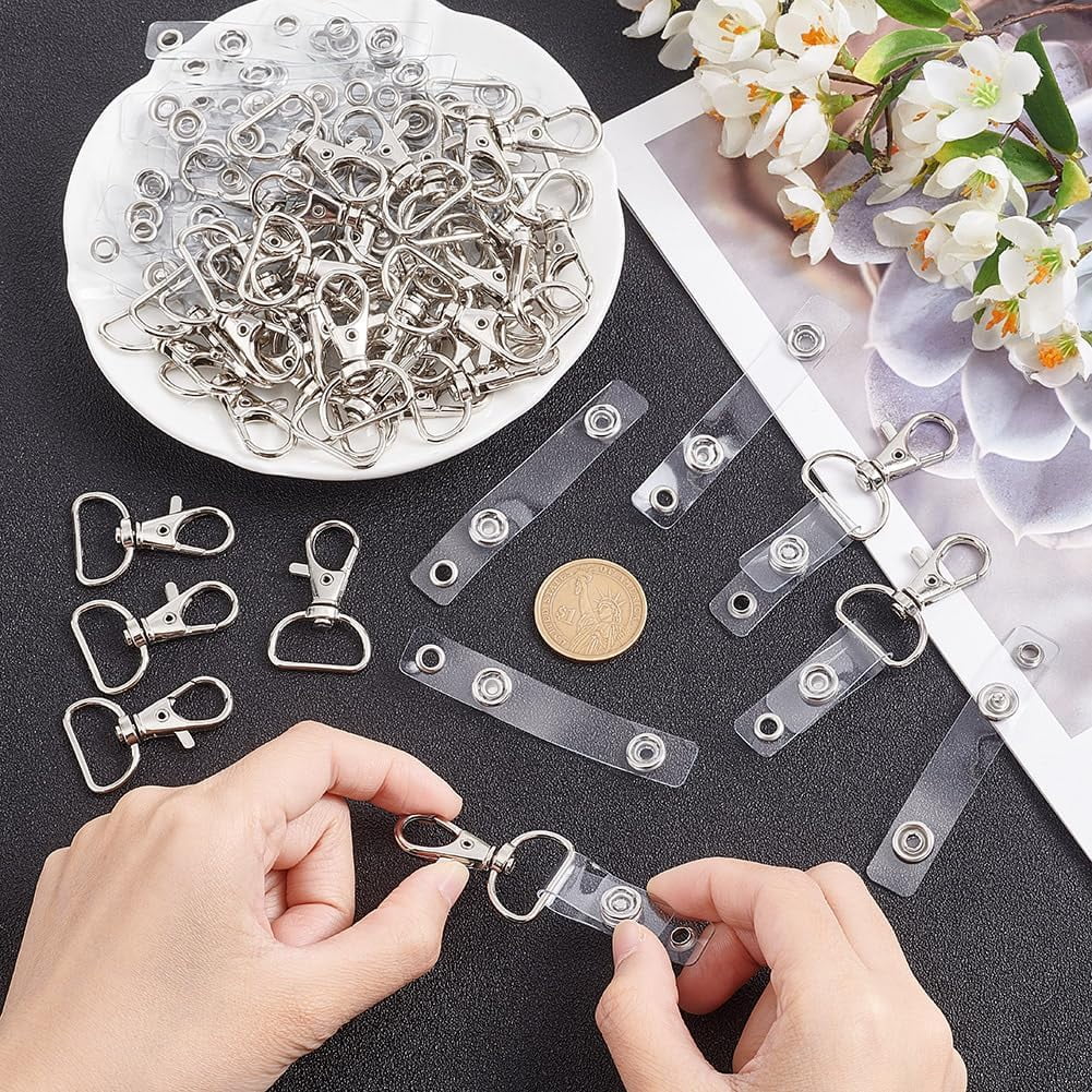 50Pcs Plastic Keychain Clips with 50Pcs Badge Holder Strap D Rings Swivel Lobster Clasps with Plastic Badge Holder Strap with Snap Eyelet Hole for DIY Crafts Key Chain Key Rings Metal Platinum