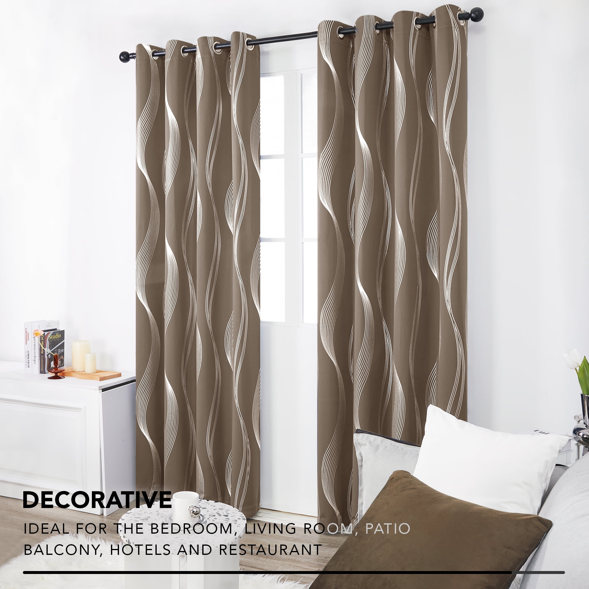 Deconovo Thermal Insulated Blackout Curtains for Living Room, 84 inch Long - Energy Efficient Curtains with Wave Lines Design (52 x 84 inch, Khaki, 2 Panels)