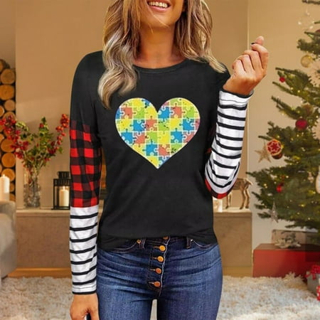 

Zedker Womens Fall Fashion 2022 Womens Shirts Casual Women Fashion Casual Valentine s Day Print Loose T-Shirt Long Sleeve Round-Neck Tops