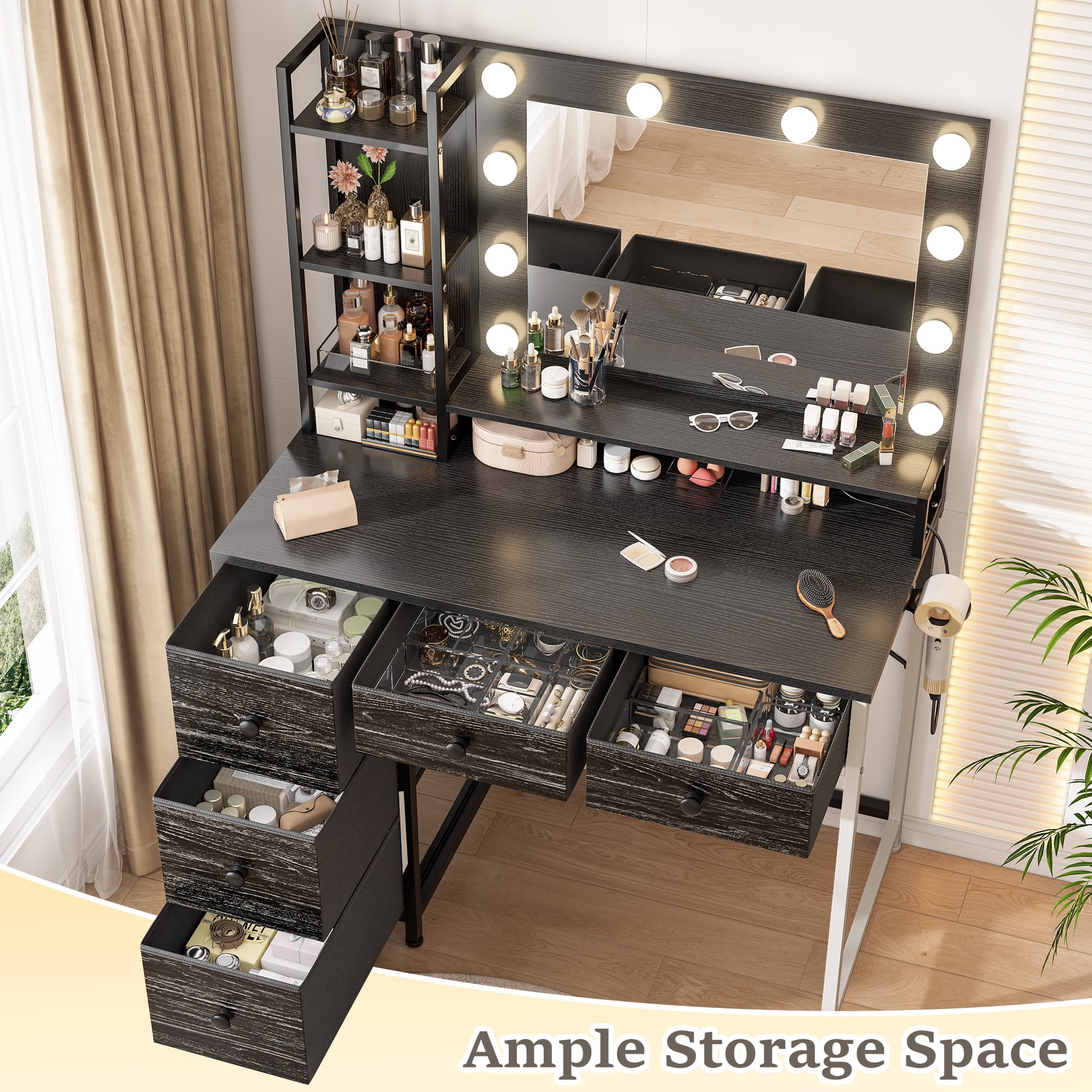 EnHomee Vanity Desk with Mirror and Lights Makeup Vanity Table with 5 Fabric Drawers & Hair Dryer Rack& Charge Port Dressing Table for Girl,Black