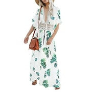 Bsubseach Women's White Leaf Print Long Swimsuit Cover Ups for Swimwear Summer Short Sleeve Beach Kimono Cardigan