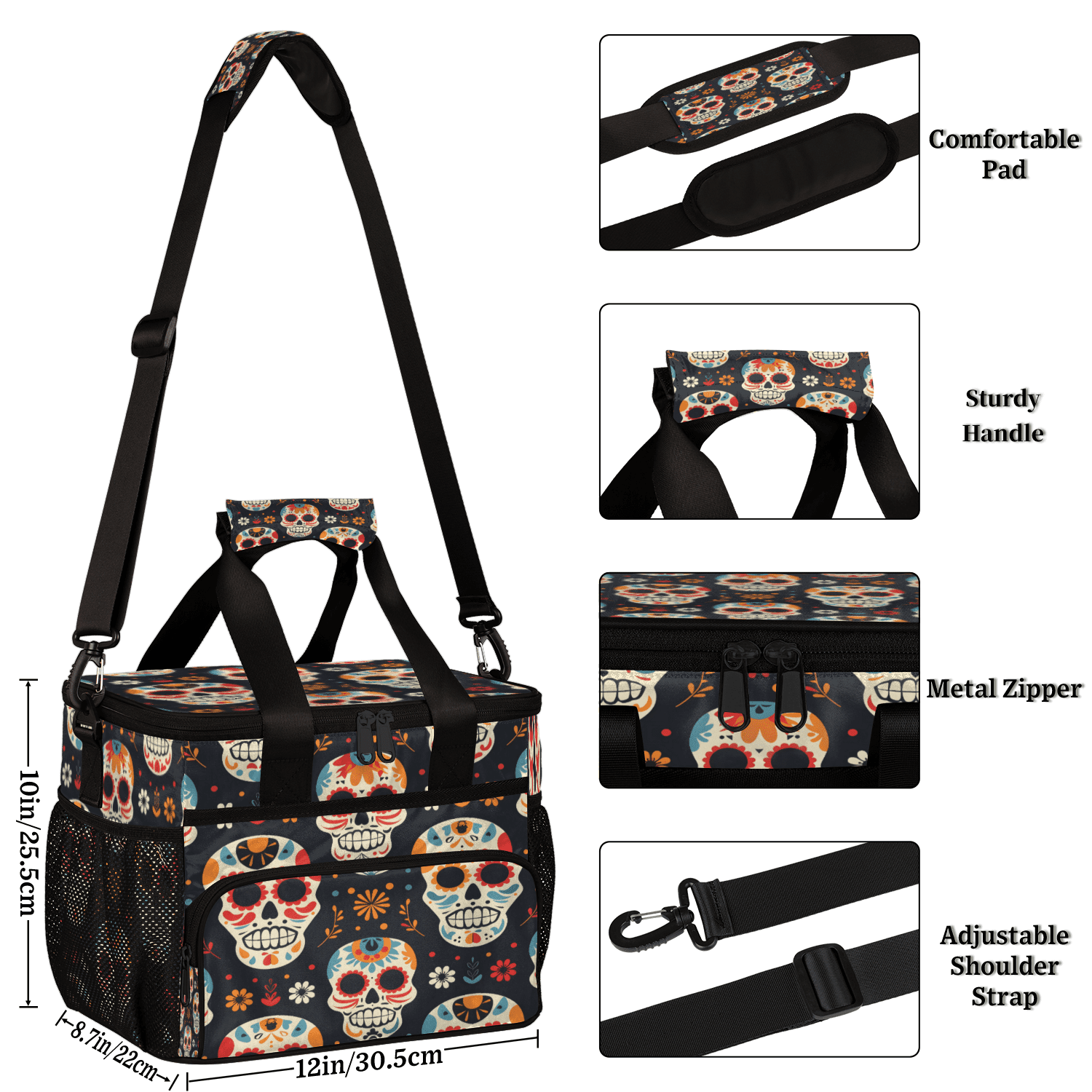 Herdesigns Sugar Skull Floral Large Lunch Box for Adults Women Men with Adjustable Shoulder Strap, Insulated Reusable Lunch Bag Leakproof Cooler Tote Bag