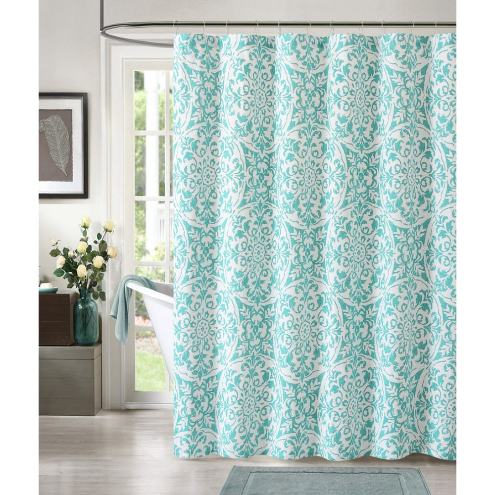 100 Cotton Teal and White Fabric Shower Curtain Medallion Design, 72