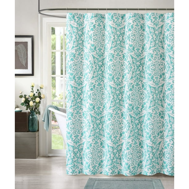 100 Cotton Teal and White Fabric Shower Curtain Medallion Design, 72