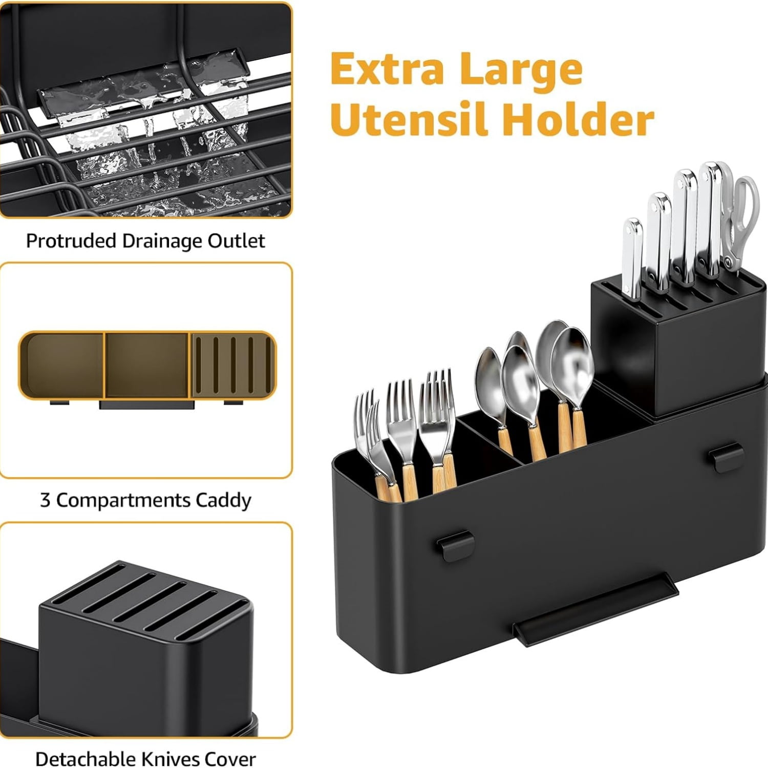 Dish Drying Rack, Expandable Large Capacity Dish Rack with Drainboard, Wine Glasses Holder, Space Saving Dish Drainer, Black
