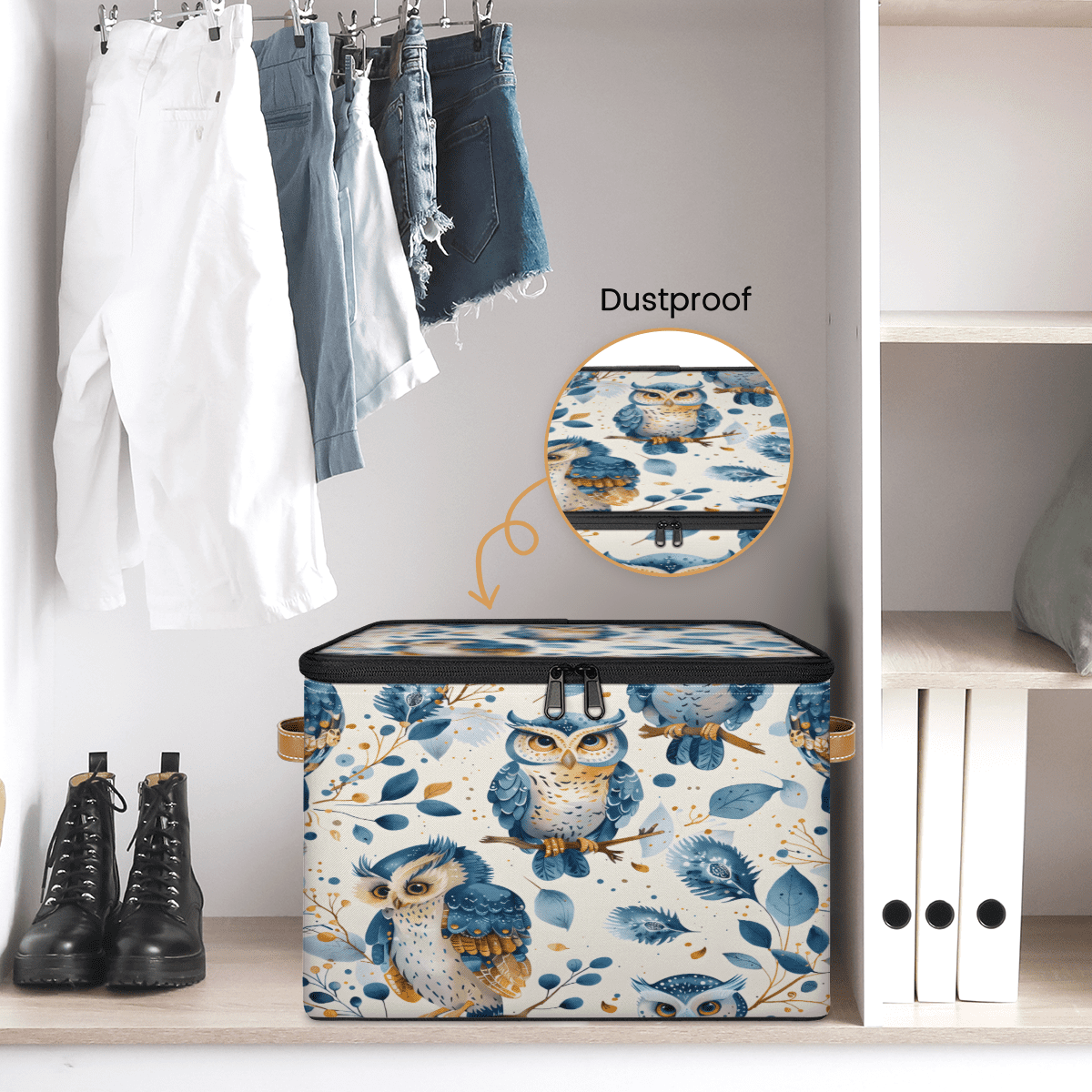 ADECORIVY Cute Owl Storage Bin with Lid Fabric Leaves Blue Foldable Storage Baskets Boxes for Clothes Shelves Closet Organizer Containers with Leather Handles for Wardrobe