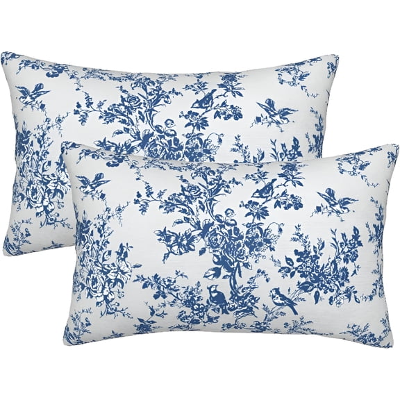 AUQ Blue and White Floral Throw Pillow Covers 12 x 20" Set of 2 Navy Blue Watercolor Spring Flower Bird Decorative Lumbar Pillow Covers Chinoiserie Cushion Cover for Home Couch Sofa Bedding