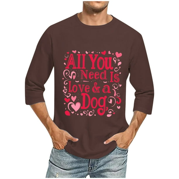 Camisas de Manga Larga para los Hombres Día de San Valentín Impresión Cuello Redondo Moda Casual, Mezcla de Poliéster de Lino de Algodón para Primavera Verano
