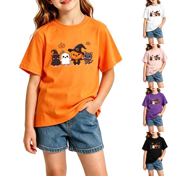 SOFTCCLO Girls T Shirts Short Sleeve Crewneck Graphic Tees Halloween Themed Print Stylish Casual Holiday T-Shirts for Girls Size 3-4Y