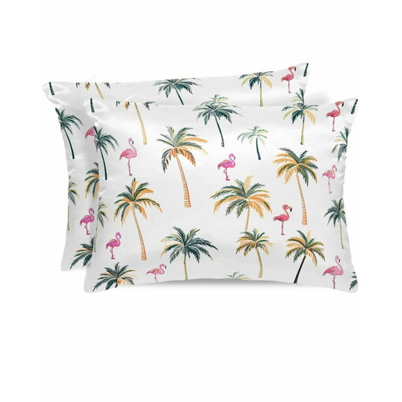 Hokiten Pillow Cases Queen Size Set of 2, Couch Pillow Covers, Palm Trees Satin Pillowcases with Zipper for Hair/Skin, Pillow Protector Cover, Watercolor Tropical Flamingo Summer 20x30 Inches