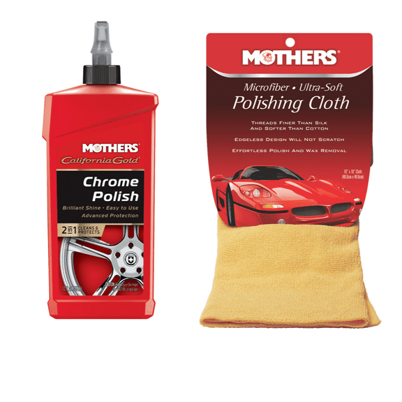Mothers 05212/155200 California Gold Chrome Polish 12 oz. and Mothers Microfiber Ultra-Soft Polishing Cloth