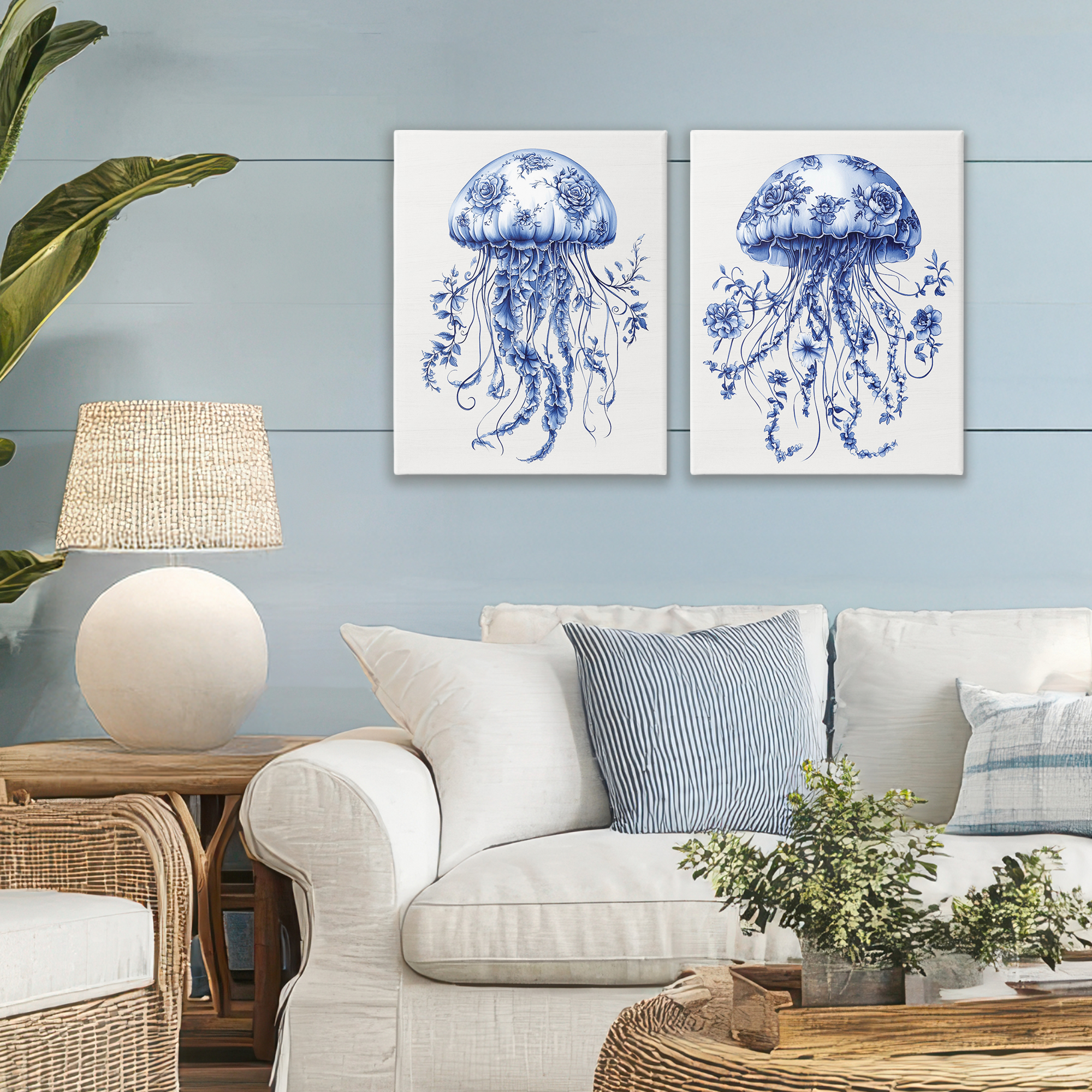 Funky Florals Toile Jellyfish 2 Piece Canvas Wall Art Set, design by Lettered and Lined