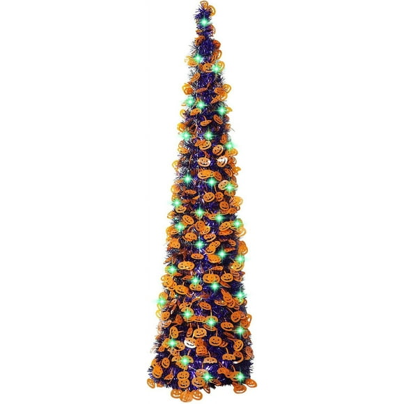 Christmas Halloween Pumpkin Tree with 50 Lights 5ft Pop Up Purple Artificial Sequin Pencil Collapsible Tinsel Tree for D
