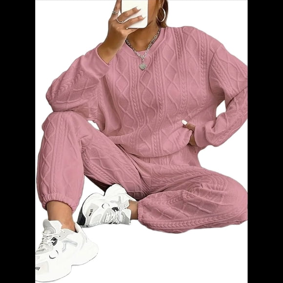 Conjunto Deportivo de Dos Piezas para Mujer: Sudadera y Pantalón Deportivo de Cuello Redondo Liso y Holgado, Conjunto de Jersey para Estar en Casa. Rosa XXL