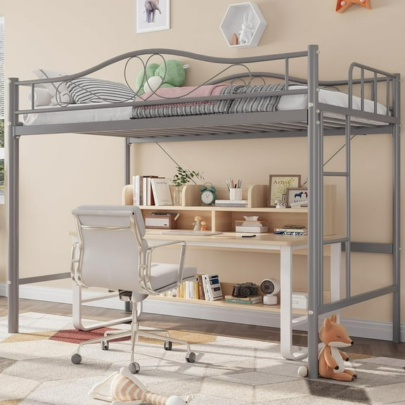 Loft Bed Twin Size, 400 Lbs Heavy Duty Metal Twin Loft Bed with Ladder & Safety Guardrail, Space-Saving, Noise Free, No Box Spring Needed, Easy Assembly, Crey