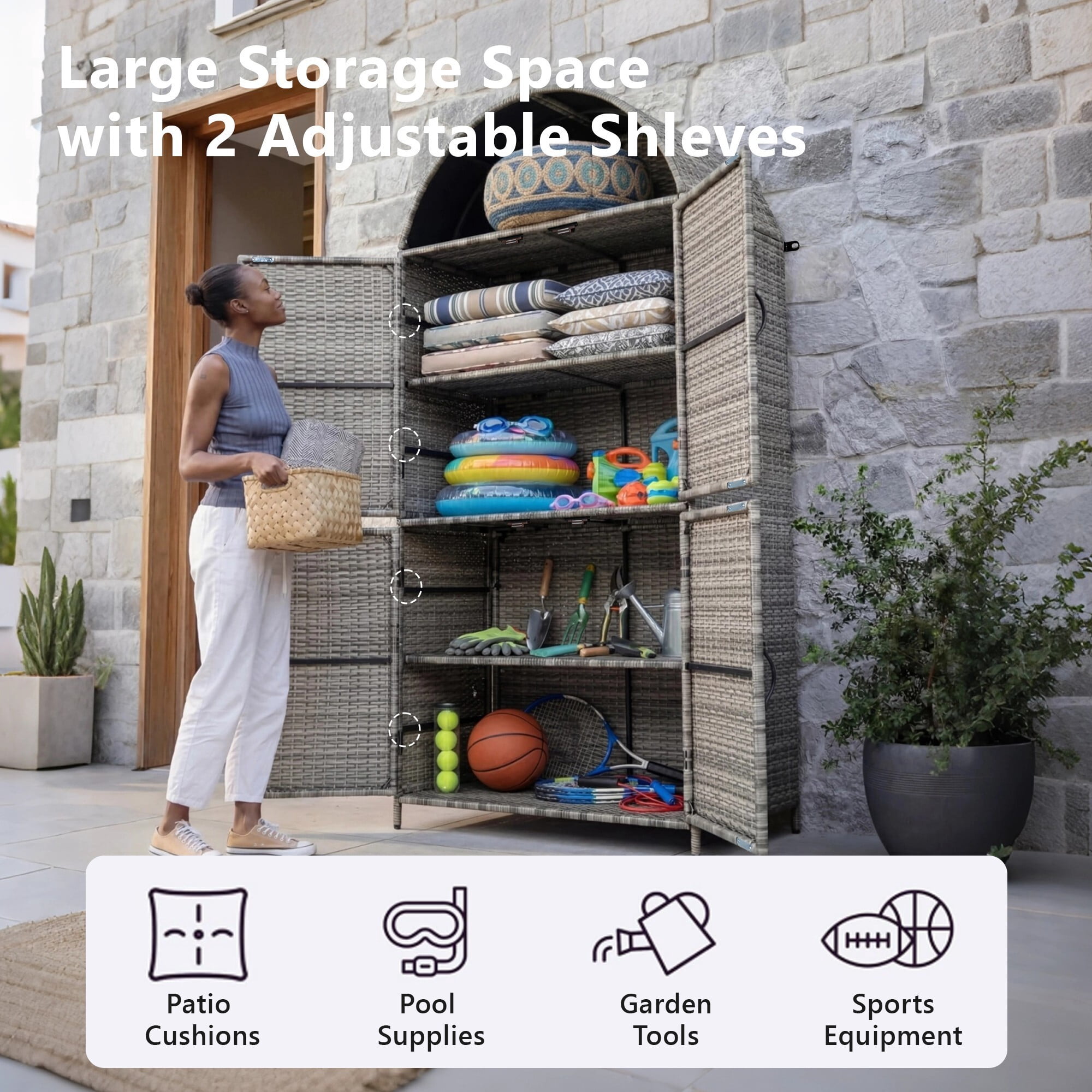 AENKYO 72" Tall Arched Wicker Outdoor Storage Cabinet, Vertical Poolside Towel Holder & Rattan Garden Shed, Gray
