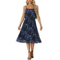 thumbnail image 1 of Vestido Floral Plisado Inspire Chic para Mujeres, con Volantes, Tirantes Espagueti y Hombros Descubiertos, Azul Oscuro, Talla M, 1 of 5