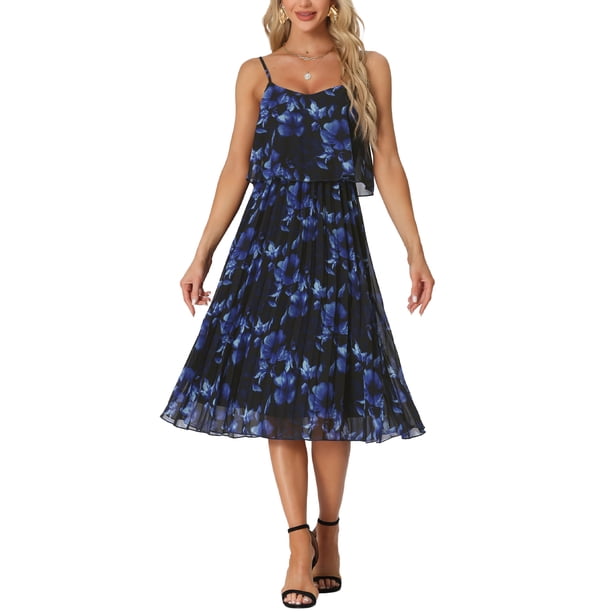 Vestido Floral Plisado Inspire Chic para Mujeres, con Volantes, Tirantes Espagueti y Hombros Descubiertos, Azul Oscuro, Talla M