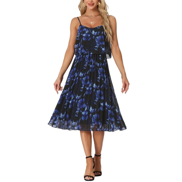 Vestido Floral Plisado Inspire Chic para Mujeres, con Volantes, Tirantes Espagueti y Hombros Descubiertos, Azul Oscuro, Talla M