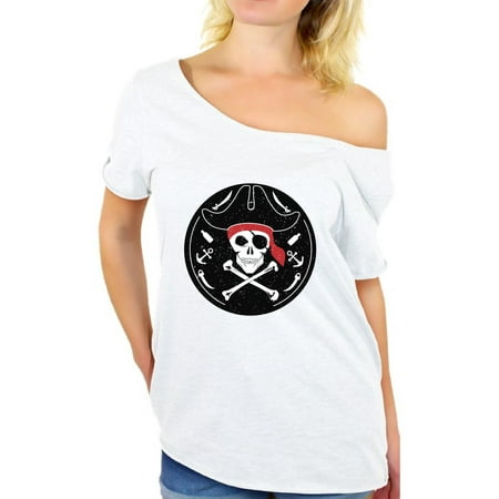 Awkward Styles Jolly Roger Off Shoulder Shirt for Women Pirate Skull Oversized Tshirt Pirate Skull Flag Baggy T Shirt Women's Day of the Dead Outfit Dia de los Muertos Gifts Jolly Roger Skull