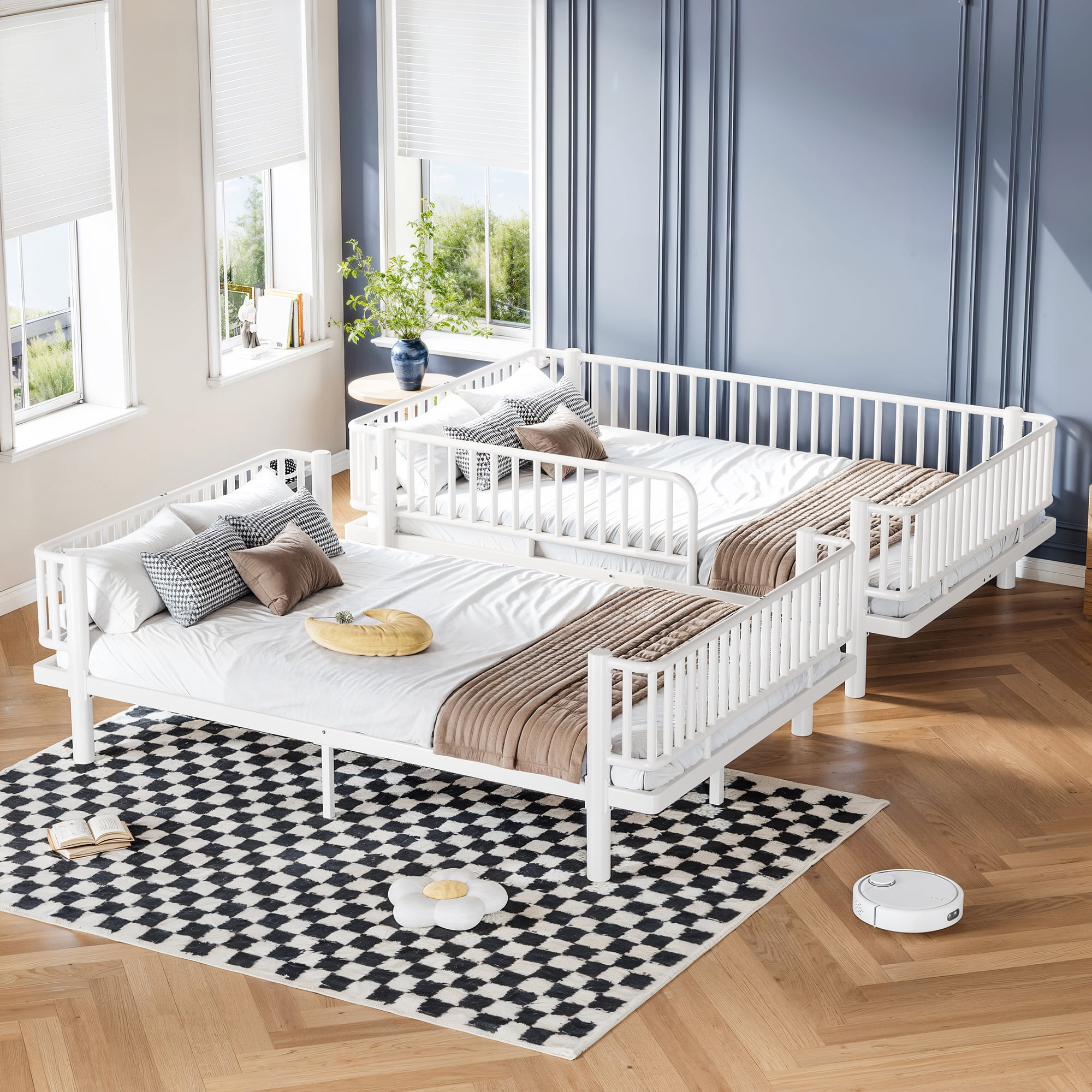 Queen over Queen Bunk Bed with Ladders and Guardrails, Metal Bunk Bed Frame Convertible into 2 Separate Platform Beds for Bedroom All Ages, No Box Spring Needed, White