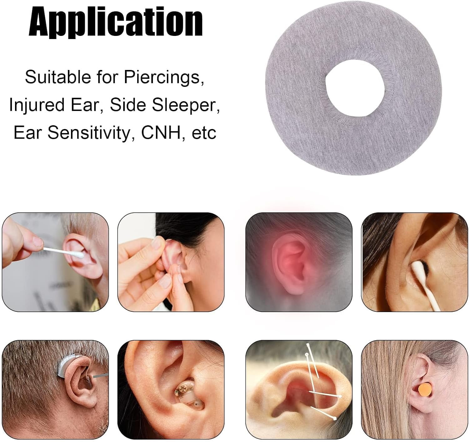 Numjaw Ear Piercing Pillow, 9" O-Shaped Pillow with Ear Holes, Doughnut Pillow for Ear Piercing, Side Sleepers, Relieve Ear Pain, Ear Inflammation (Grey)