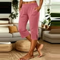 thumbnail image 2 of Womens Straight Leg Capri Pants Elastic Smocked Waist Side Slit Cropped Trousers with Pockets Casual Travel Boho Beach Pants Pink, 2 of 7