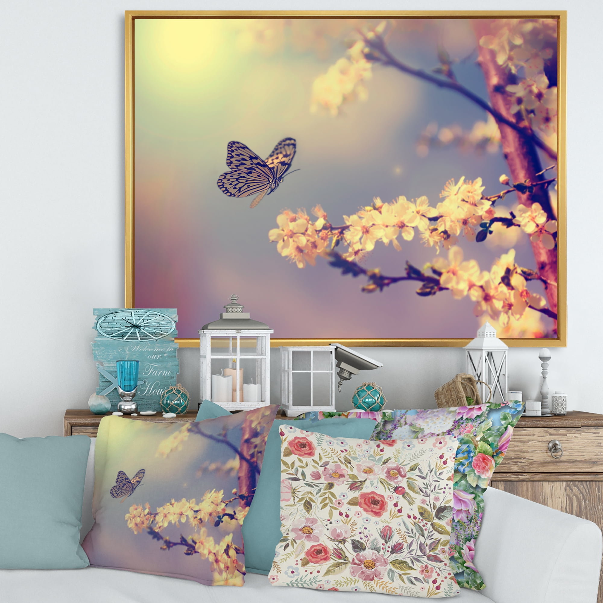 Designart 'Ancient Butterfly Flying To A White Flower' Traditional Framed Canvas Wall Art Print