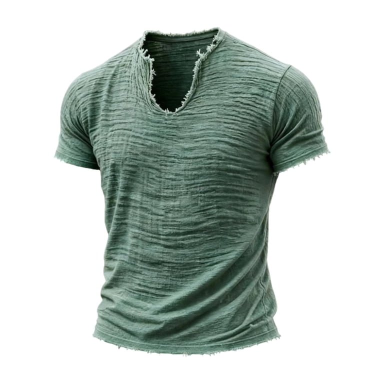 ZXLBBD Mens T Shirts Distressed Linen Raw Edge V Neck Short Sleeve