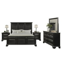 Roundhill Furniture Vintage Black Wood Bedroom Set, King Panel Bed, Dresser, Mirror, 2 Nightstands