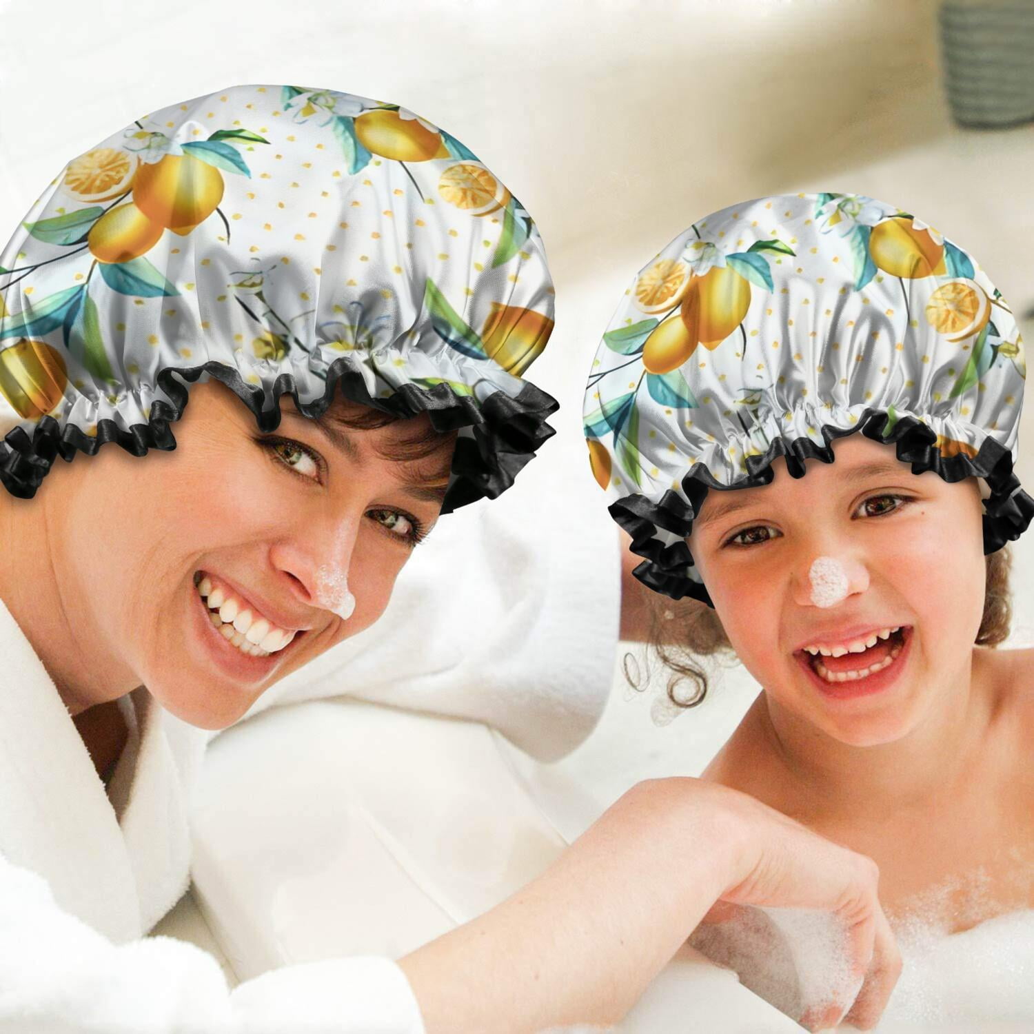 Shower Caps,Yellow Lemon Flowers White Pattern Waterproof Shower Cap for Women 4 Pieces,Double Reusable Hair Cover for Shower PEVA Elastic Stretch Hem