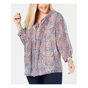 TOMMY HILFIGER Womens Blue Printed Long Sleeve V Neck Tunic Top Size: 1X