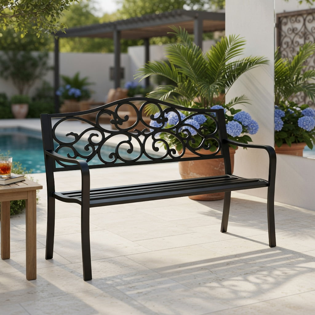 Hommoo 50" Cast Iron Outdoor Patio Bench, Floral Scroll Backrest, Slatted Seat, Heavy-Duty Metal Garden Bench for Porch & Deck, Black