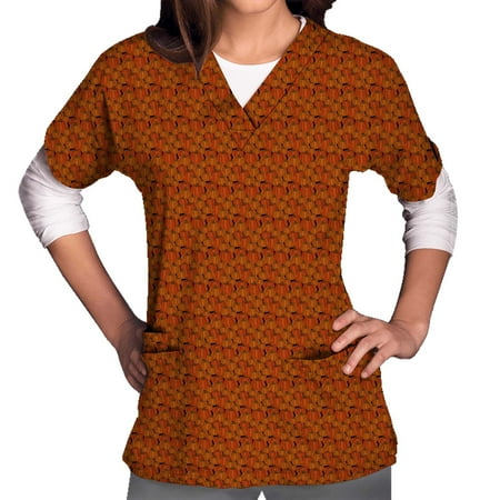 

Funicet Halloween Shirts for Women Scrubs Tops Plus Size Working Uniform With Pockets Short Sleeve V-neck Nursing Uniform Printed Blouse