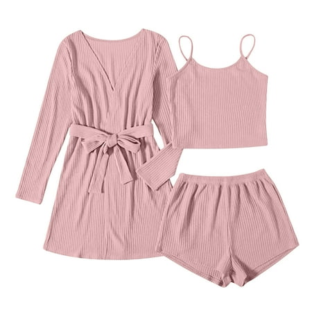 

Pajama Set for Women Casual Home Wear Three-Piece Long Sleeve Nightgown Coat Crop Strap Shorts Nightgown Set